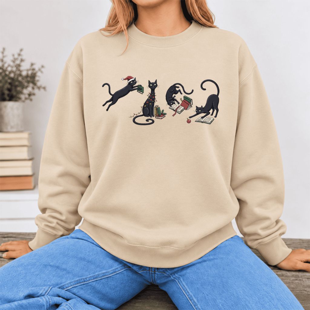 Christmas Reading Cats Softstyle Sweatshirt | Christmas Book Lover Gift Sand