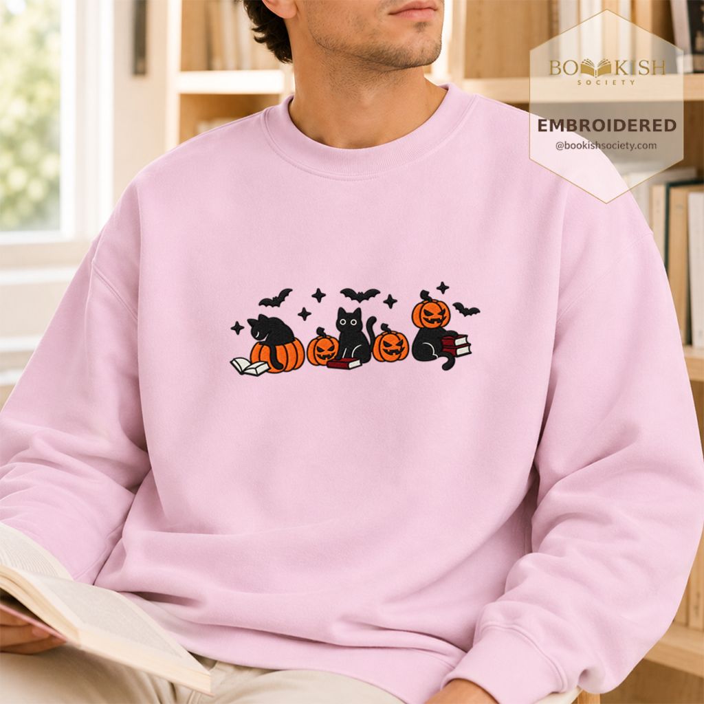 Black Cats And Halloween Embroidered Sweatshirt | Spooky Book Lover Gift Light Pink