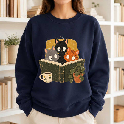 Minimal Japanese Cats Reading Crewneck Sweatshirt | Reader Gift Navy