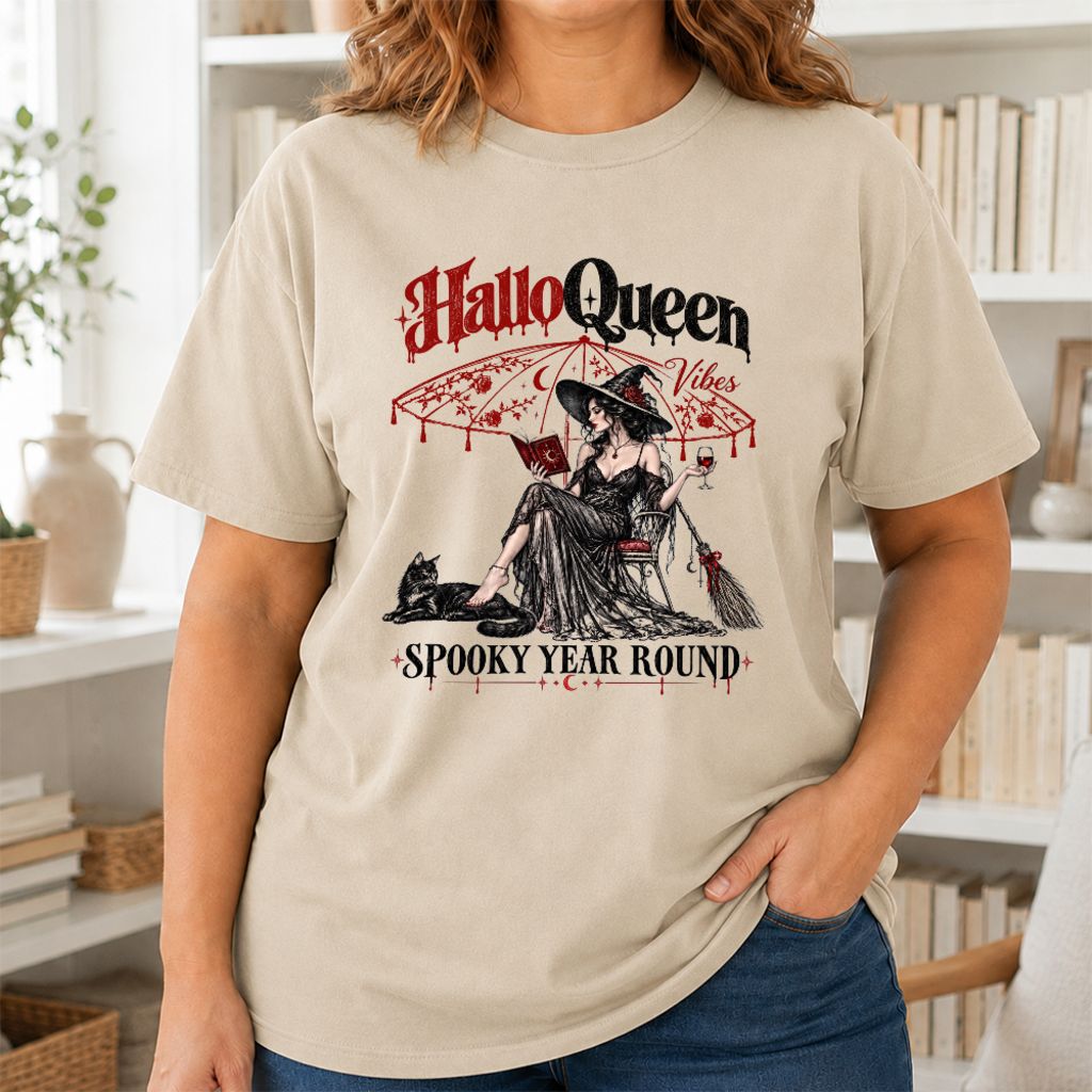 Halloqueen Spooky Year Round Printed T-Shirt | Halloween Book Lover Gift Sand