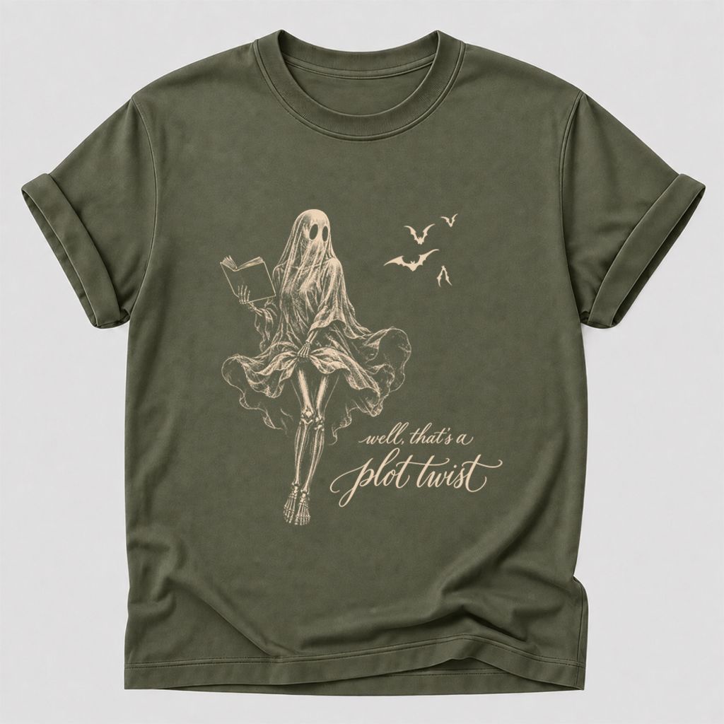 Funny Dress-Wearing Bookworm Ghost Printed T-Shirt | Halloween Book Lover Gift Military Green