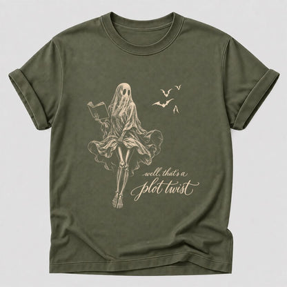Funny Dress-Wearing Bookworm Ghost Printed T-Shirt | Halloween Book Lover Gift Military Green