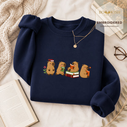 Reading Capybaras Embroidered Sweatshirt | Reader Gift Navy
