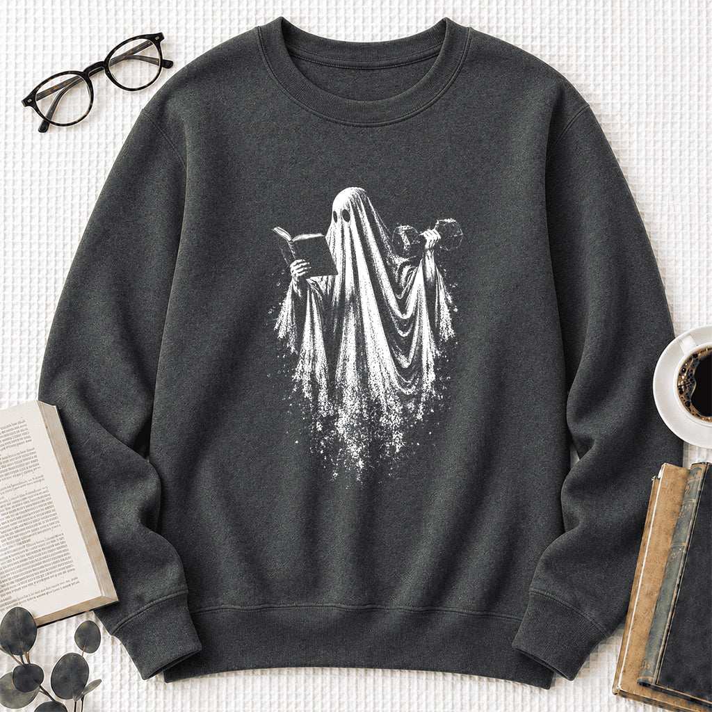 Reading Gym Ghost Printed Sweatshirt | Halloween Book Lover Gift Dark Heather