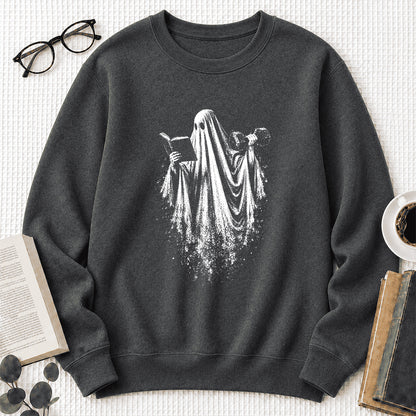 Reading Gym Ghost Printed Sweatshirt | Halloween Book Lover Gift Dark Heather