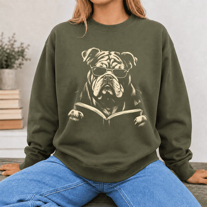 Bulldog Reading Book Crewneck Sweatshirt | Reader Gift Military Green