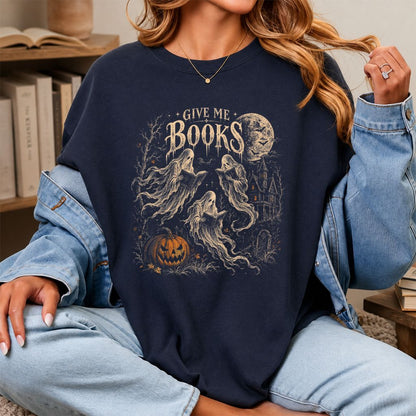 Give Me Books Printed T-Shirt | Halloween Book Lover Gift Navy