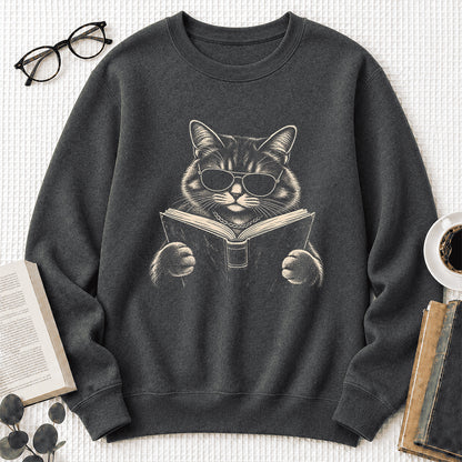 Cat Reading Book Crewneck Sweatshirt | Reader Gift Dark Heather