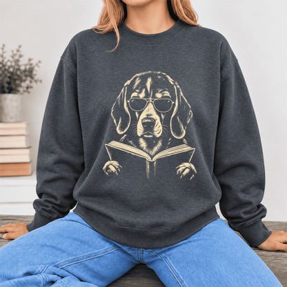 Beagle Reading Book Softstyle Sweatshirt | Dog Mom Reader Gift Dark Heather