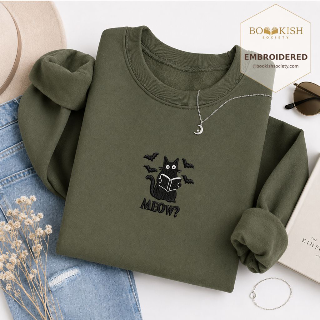 Halloween Meow Embroidered Sweatshirt | Spooky Book Lover Gift Military Green