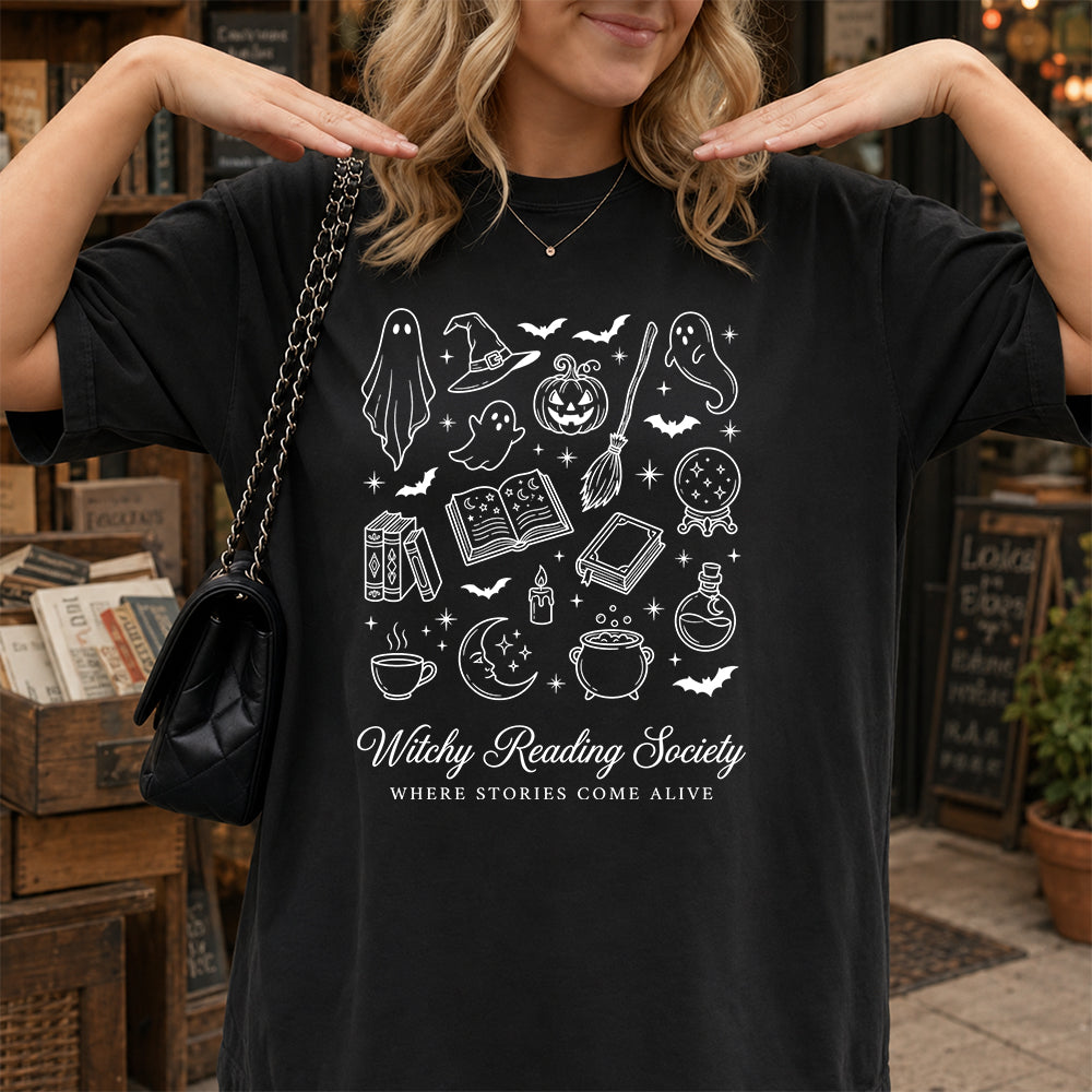 Witchy Reading Society Printed T-Shirt | Halloween Reader Gift Black