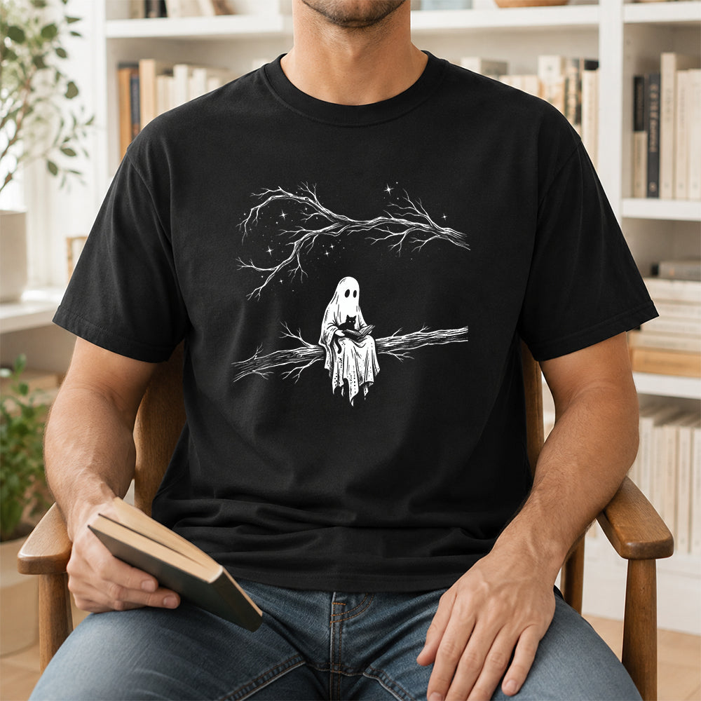 Reading Ghost With Black Cat Printed T-Shirt | Halloween Cat Lover Reader Gift Black