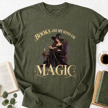 Books Are My Kind Of Magic Printed T-Shirt | Halloween Feminine Magic Reader Gift Military Green
