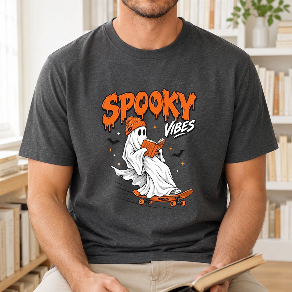Spooky Vibes Printed T-Shirt | Halloween Book Lover Gift Dark Heather