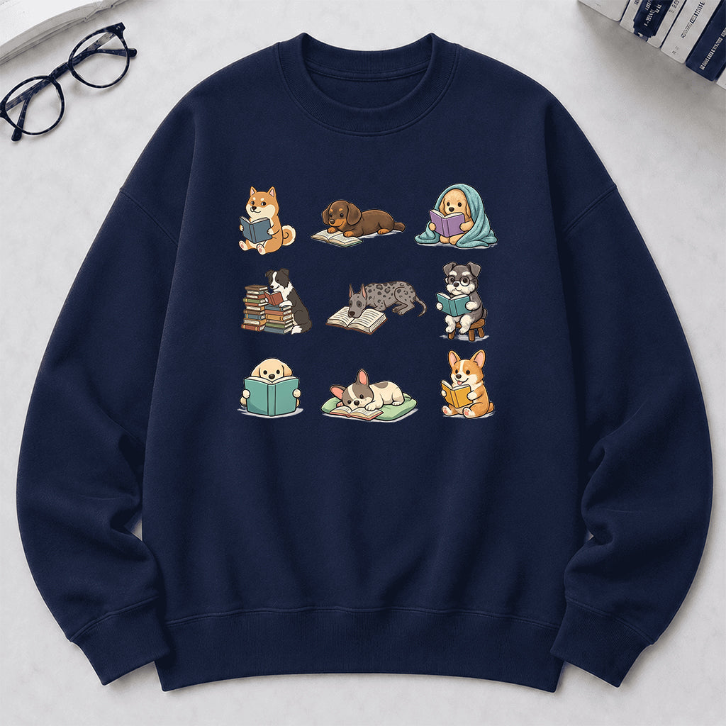 Funny Dogs Reading Crewneck Sweatshirt | Reader Gift Navy
