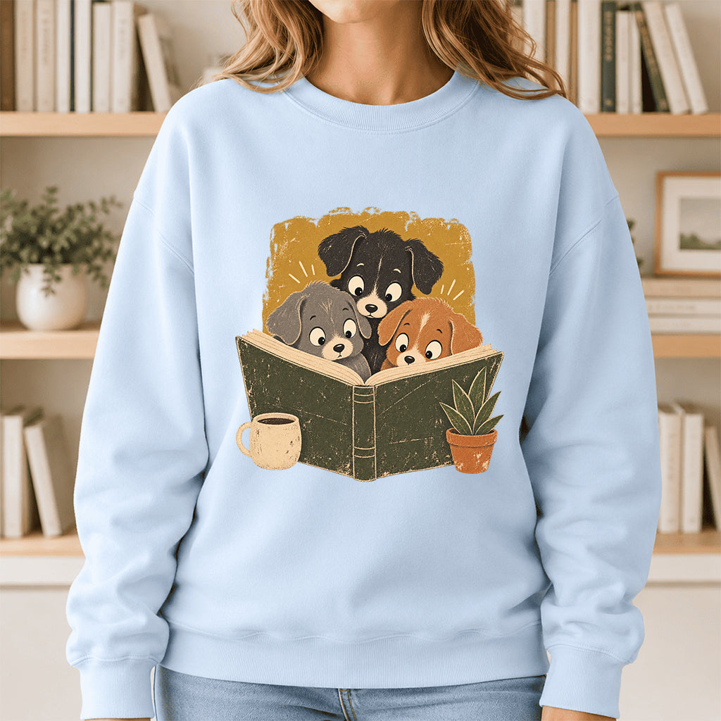 Minimal Japanese Dogs Reading Crewneck Sweatshirt | Reader Gift Light Blue