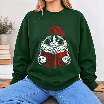 Vintage Reading Cat Ragdoll Softstyle Sweatshirt | Christmas Reader Gift Forest Green