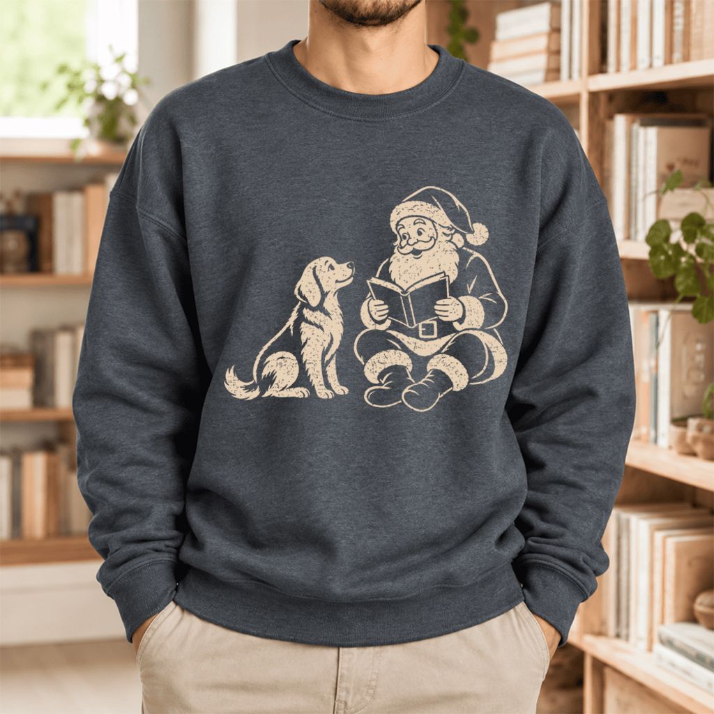 Funny Dog With Reading Santa Softstyle Sweatshirt | Christmas Book Lover Gift Dark Heather