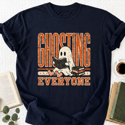"Ghosting Everyone" Printed T-Shirt | Halloween Reader Gift Navy
