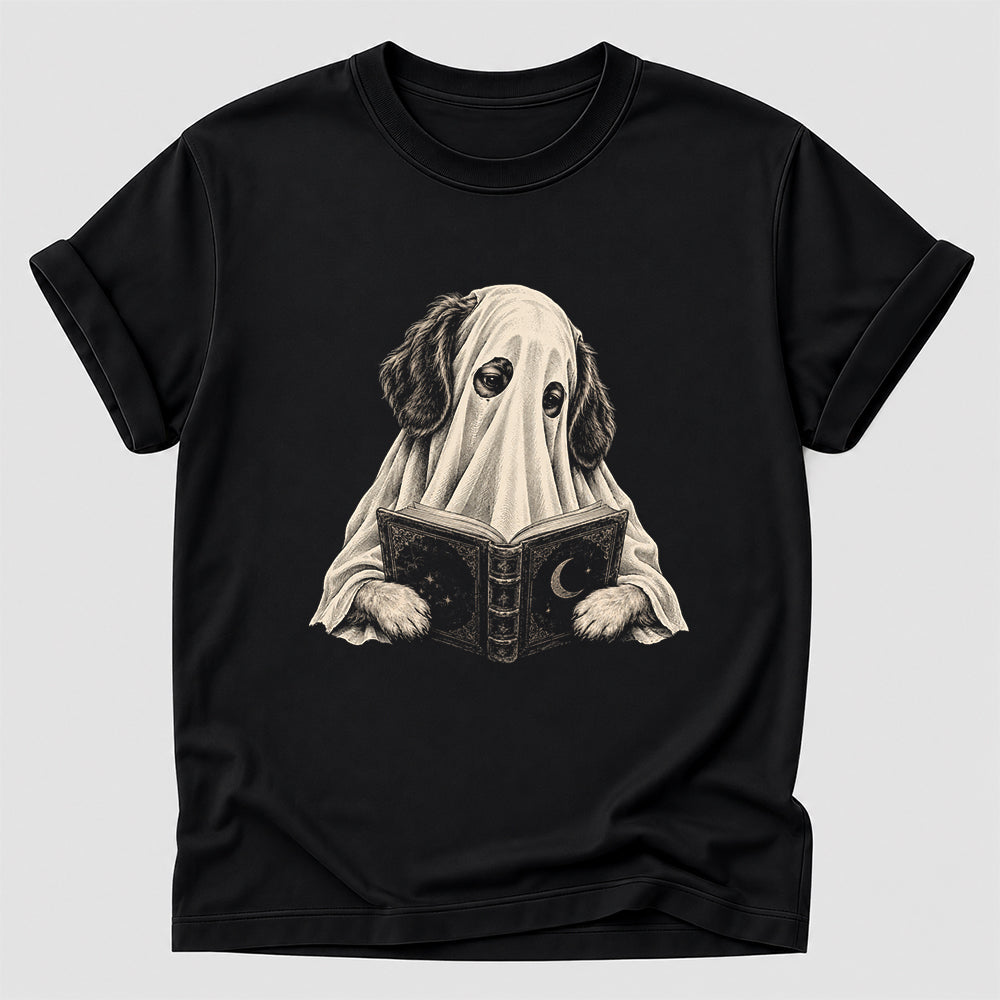 Reading Ghost Dog Printed T-Shirt | Halloween Dog Lover Gift Black