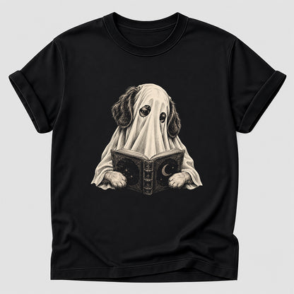 Reading Ghost Dog Printed T-Shirt | Halloween Dog Lover Gift Black