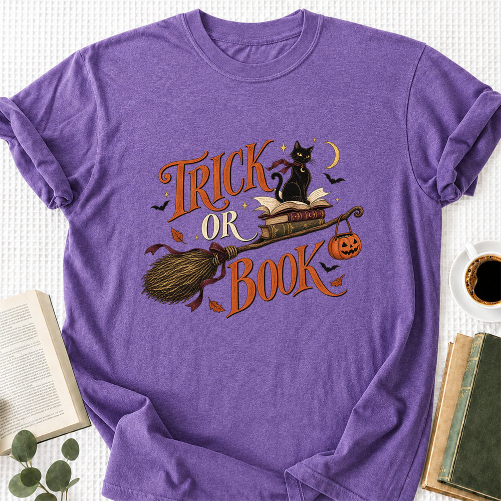 Trick Or Book Black Cat Printed T-Shirt | Halloween Book Lover Gift Heather Purple