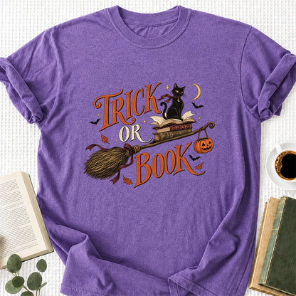 Trick Or Book Black Cat Printed T-Shirt | Halloween Book Lover Gift Heather Purple