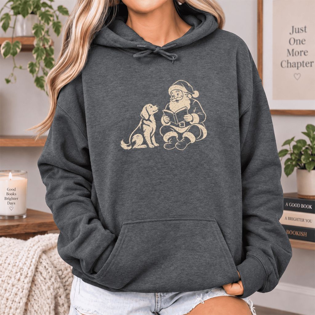 Funny Dog With Santa Christmas Softstyle Hoodie | Christmas Gift For Dog & Book Lover Dark Heather