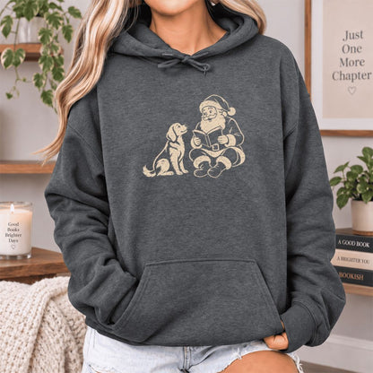 Funny Dog With Santa Christmas Softstyle Hoodie | Christmas Gift For Dog & Book Lover Dark Heather