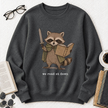 Raccoon We Read At Dawn Crewneck Sweatshirt | Reader Gift Dark Heather