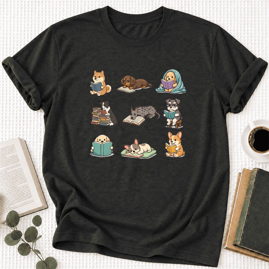 Funny Reading Dogs Ultra-Soft Cotton T-Shirt | Dog Mom Reader Gift Black Heather