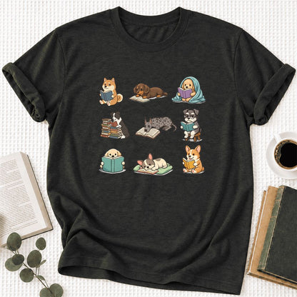 Funny Reading Dogs Ultra-Soft Cotton T-Shirt | Dog Mom Reader Gift Black Heather