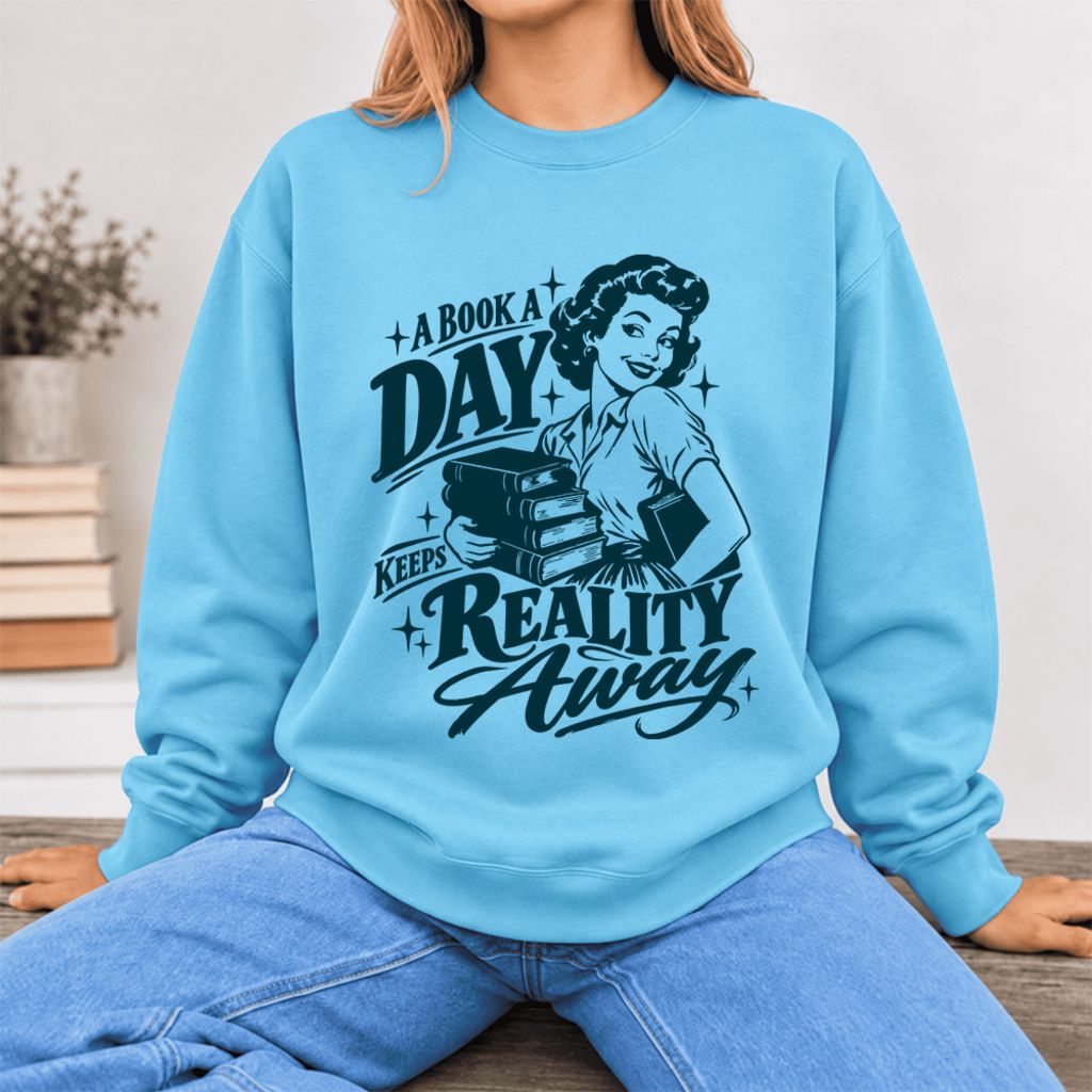 A Book A Day Keeps Reality Away Softstyle Sweatshirt | Cozy Book Lover Gift Sky