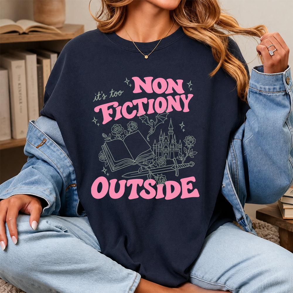 It's Too Nonfictiony Outside Cotton T-Shirt | Introvert Book Lover Gift Navy