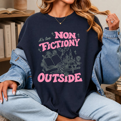 It's Too Nonfictiony Outside Cotton T-Shirt | Introvert Book Lover Gift Navy