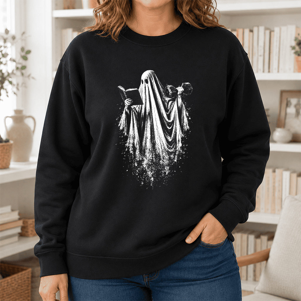 Reading Gym Ghost Printed Sweatshirt | Halloween Book Lover Gift Black