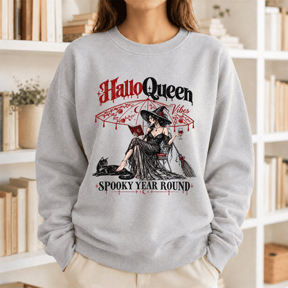 Halloqueen Spooky Year Round Printed Sweatshirt | Spooky Book Lover Gift Sport Grey
