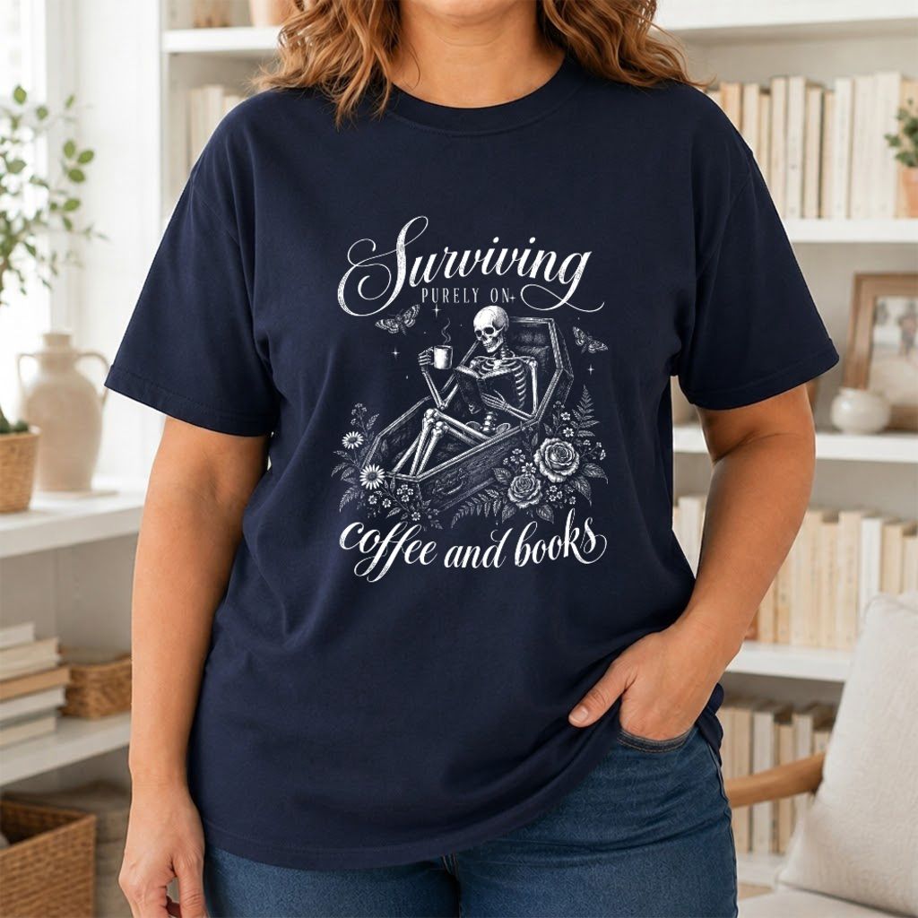 Surviving Purely On Coffee And Books Printed T-Shirt | Halloween Book Lover Gift Navy