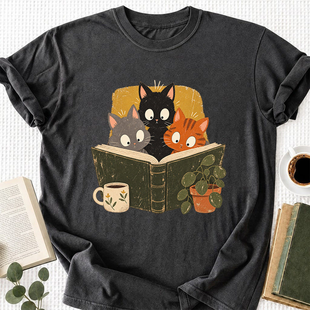 Minimal Japanese Cats Reading Softstyle T-Shirt | Book Lover Gift Dark Heather