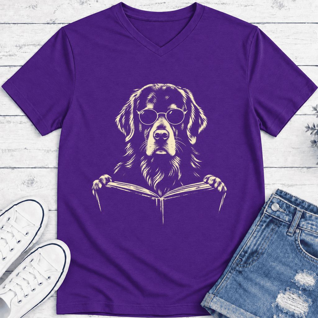 Golden Retriever Reading Book Ultra-Soft V-Neck | Dog Mom Reader Gift Team Purple