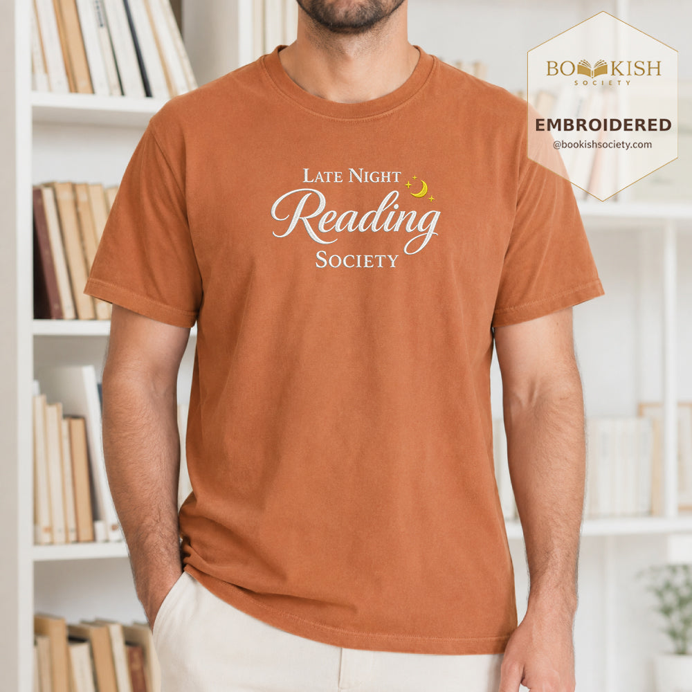 Late Night Reading Society Embroidered Comfort Color® T-shirt | Book Lover Gift Yam