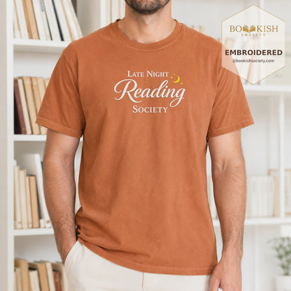 Late Night Reading Society Embroidered Comfort Color® T-shirt | Book Lover Gift Yam