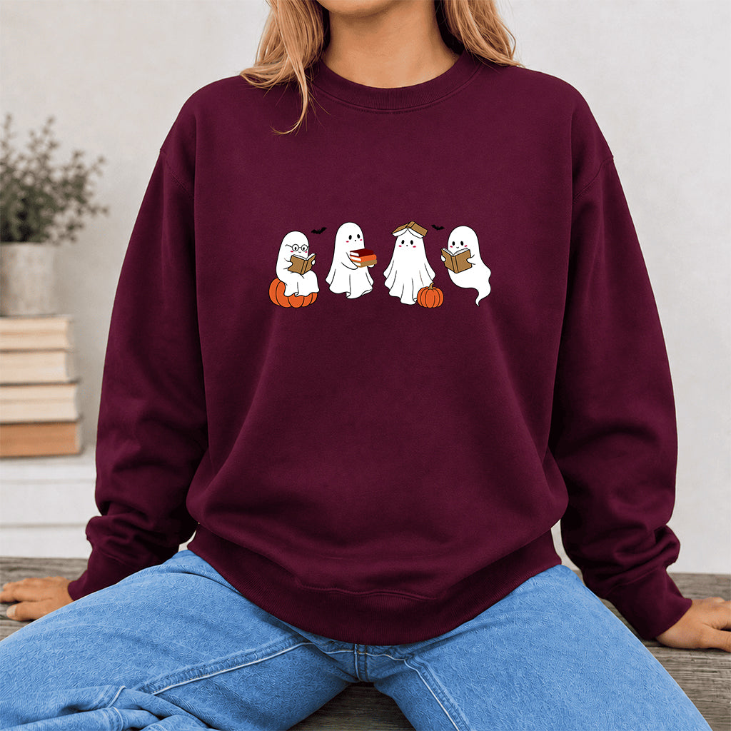 Halloween Ghosts Reading Printed Sweatshirt | Spooky Book Lover Gift Maroon