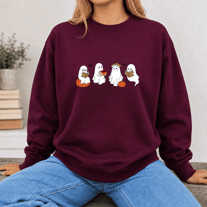 Halloween Ghosts Reading Printed Sweatshirt | Spooky Book Lover Gift Maroon