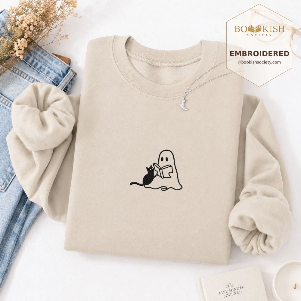 Reading Ghost And Black Cat Embroidered Sweatshirt | Halloween Reader Gift Sand