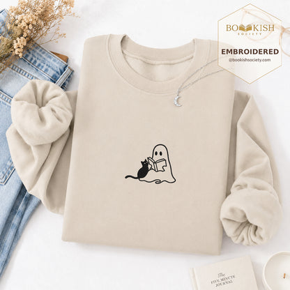 Reading Ghost And Black Cat Embroidered Sweatshirt | Halloween Reader Gift Sand