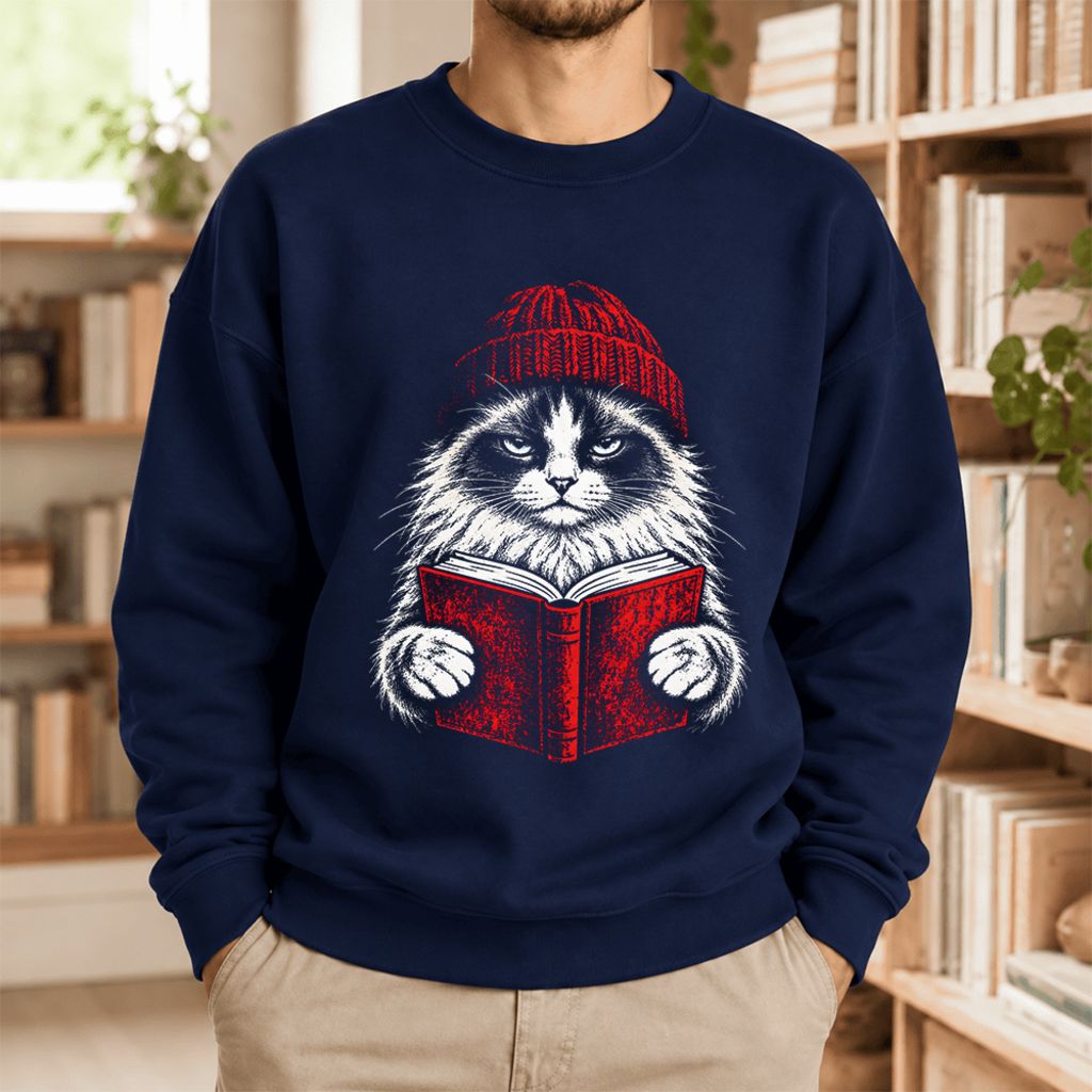 Vintage Reading Cat Ragdoll Softstyle Sweatshirt | Christmas Reader Gift Navy