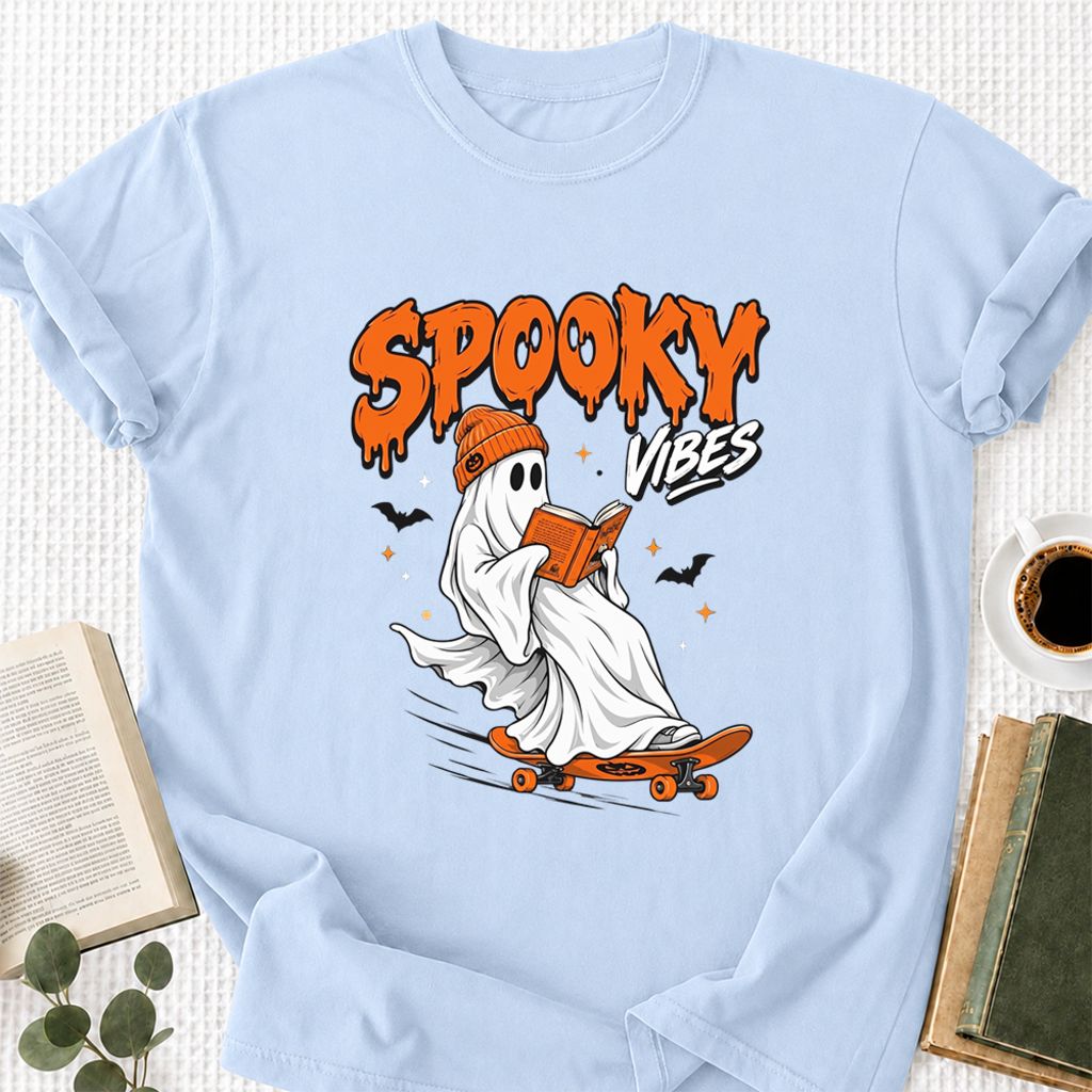 Spooky Vibes Printed T-Shirt | Halloween Book Lover Gift Light Blue