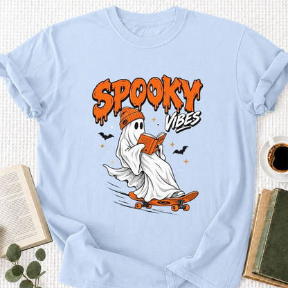 Spooky Vibes Printed T-Shirt | Halloween Book Lover Gift Light Blue