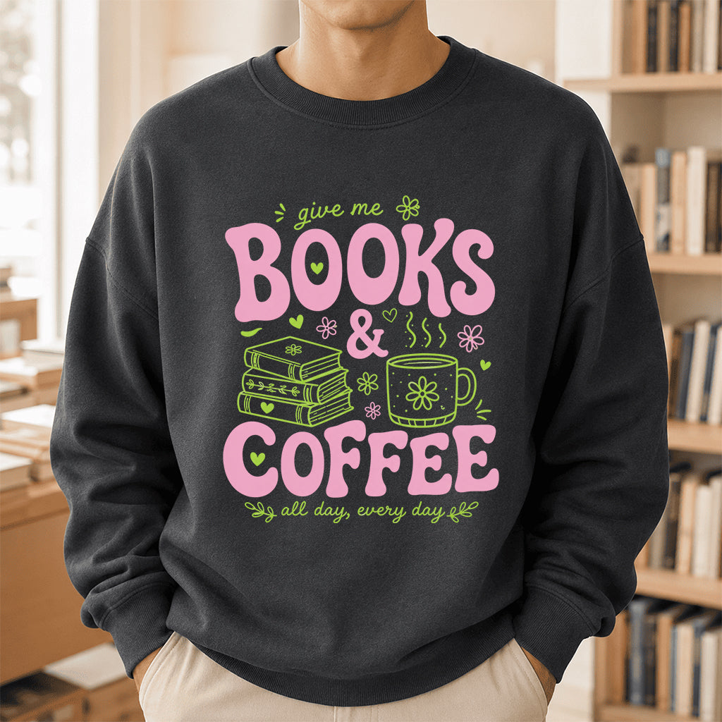 Books and Coffee Crewneck Sweatshirt | Reader Gift Dark Heather
